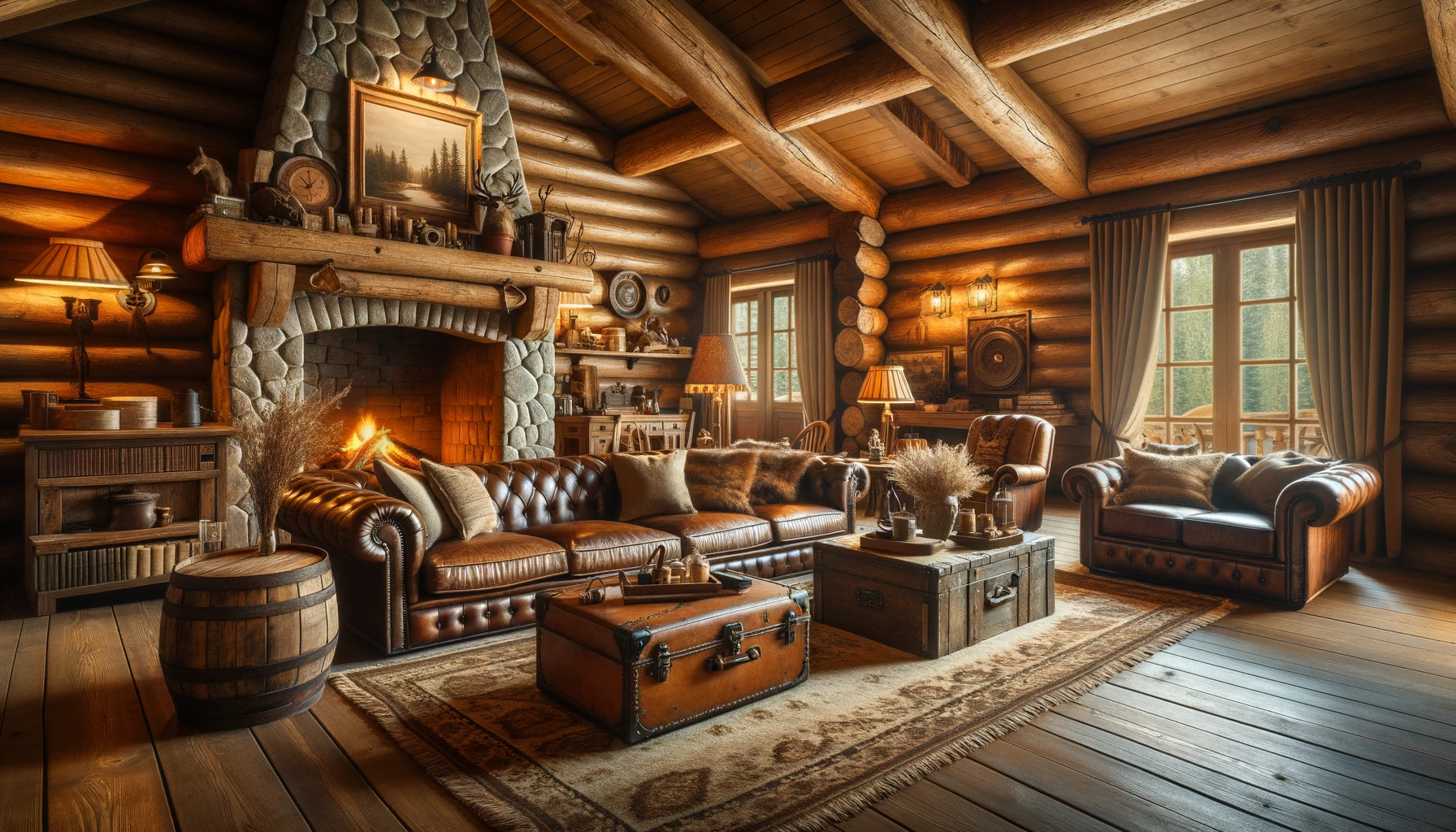 DALL·E-2023-10-25-08.42.59-photo-of-a-rustic-living-room-with-wooden-beams-a-stone-fireplace-plush-leather-sofas-and-vintage-deco